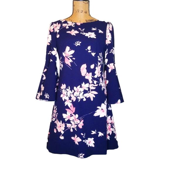 Eliza J Dress Blue with Pink & White Flowers Bell Sleeve size 4 - Picture 3 of 9
